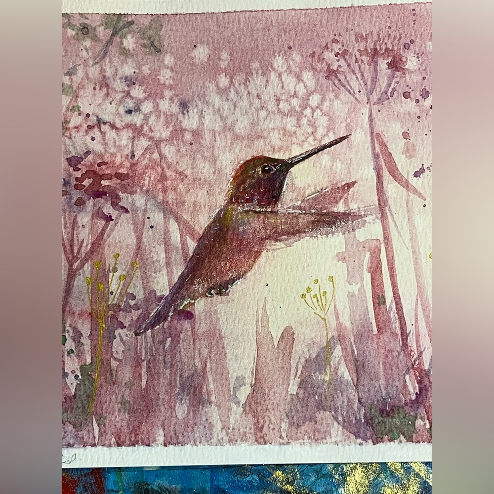 Original painting Hummingbird watercolor art shh sunset handmade bird nature EAE - Picture 3 of 5